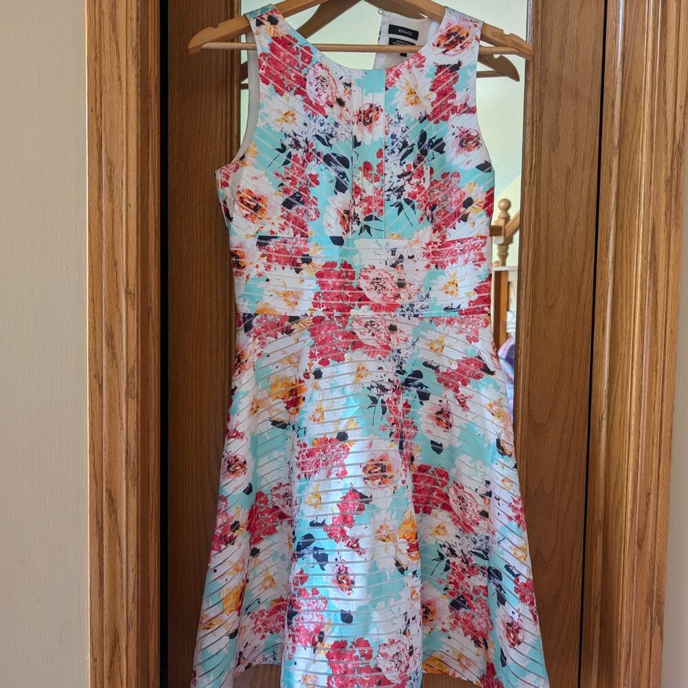 RW&CO. Fit & Flare Striped Sheer Floral Overlay Lined Dress